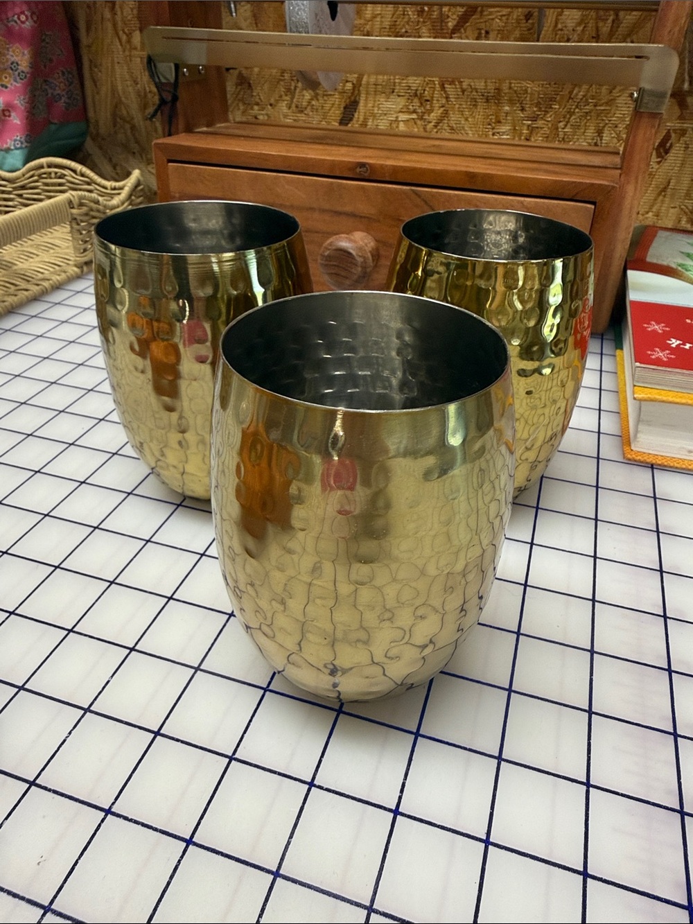 Set 3 Tumbler hammered brass gold stemless stainless steel drinkware pieces 18oz